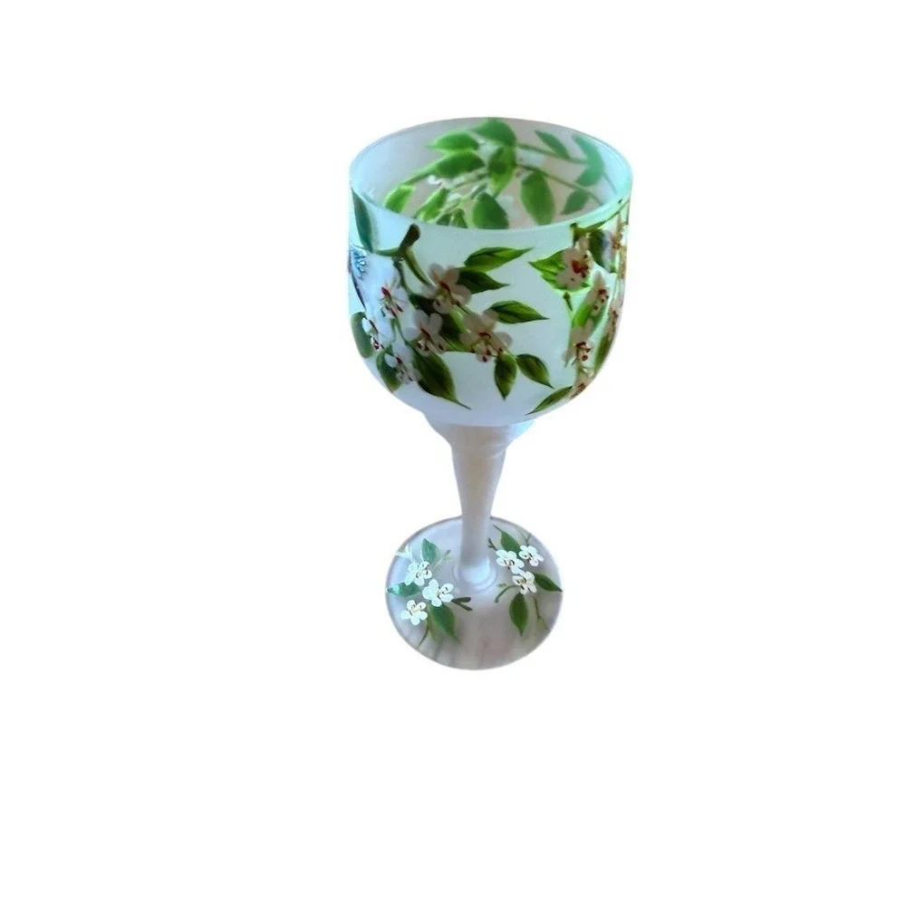 AVON‎ Hand Painted Hummingbird Floral Frosted Stemmed Goblet Wine Glass 8in Vtg